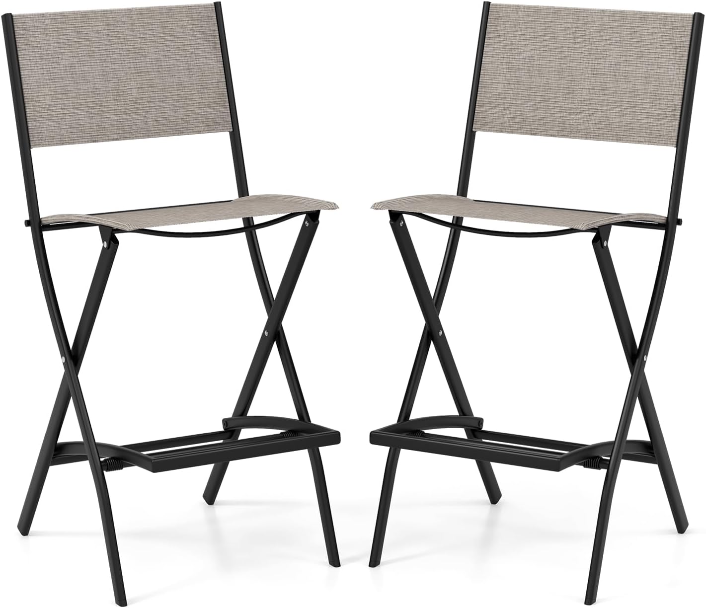 COSTWAY Outdoor Patio Bar Chair Set of 2, Folding Bar Height Stool with Metal Frame