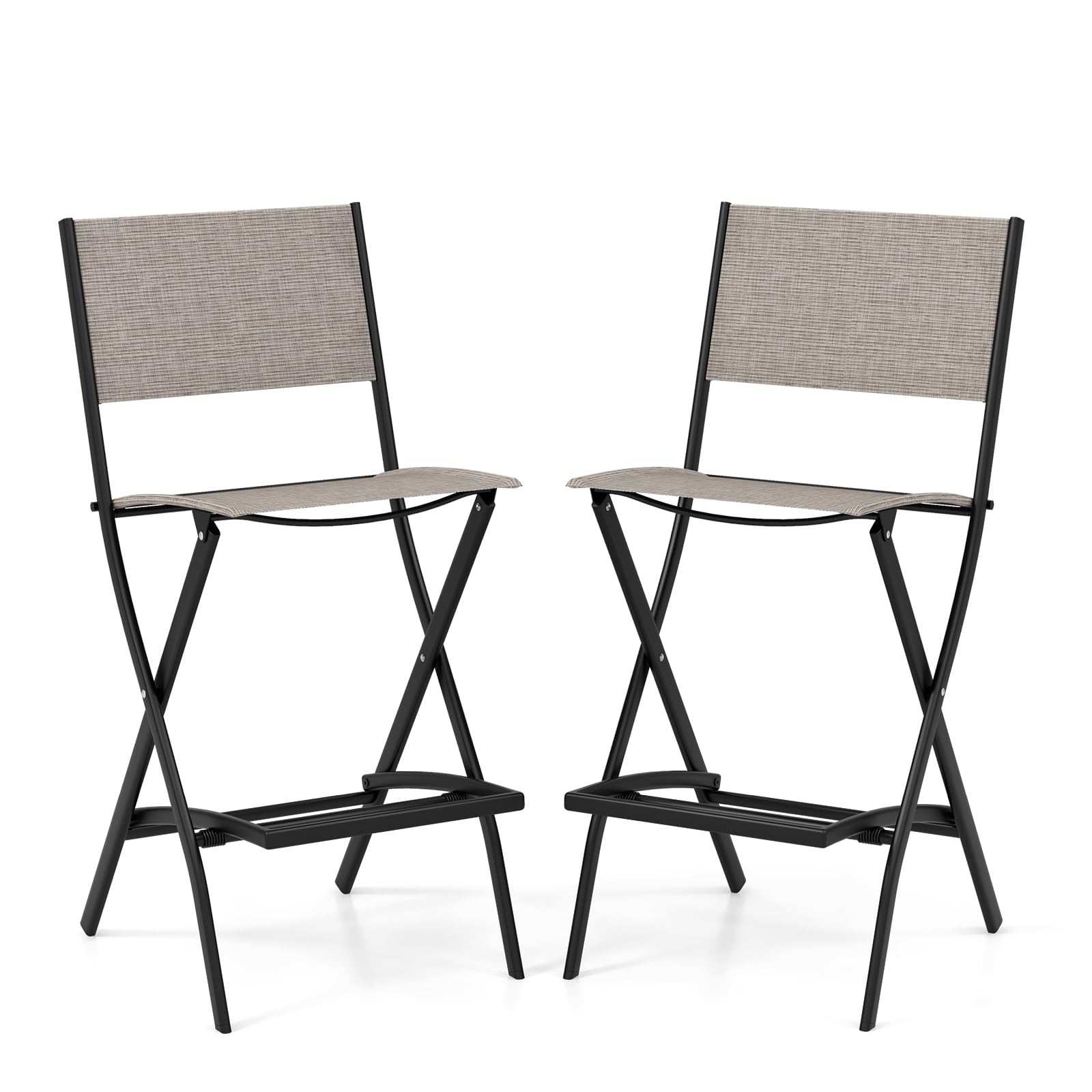 COSTWAY Folding Garden Chairs Set of 2/4, Metal Frame Dining Bar Stools Set with Backrest and Footrest, All-Weather Texteline Patio Bistro Camping Seats for Deck Yard Lawn Poolside (Coffee, 2 Pcs)