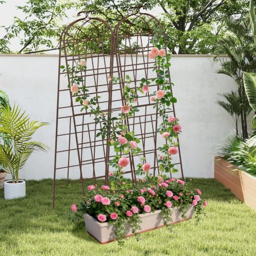 Image of LZRS 82.7 x 80in Rustic Iron Arch Decoration Garden Trellis with Brown Metal Coating - Perfect for Supporting Climbing Plants Outdoor, Roses, Vines, Flowers, and Vegetables.