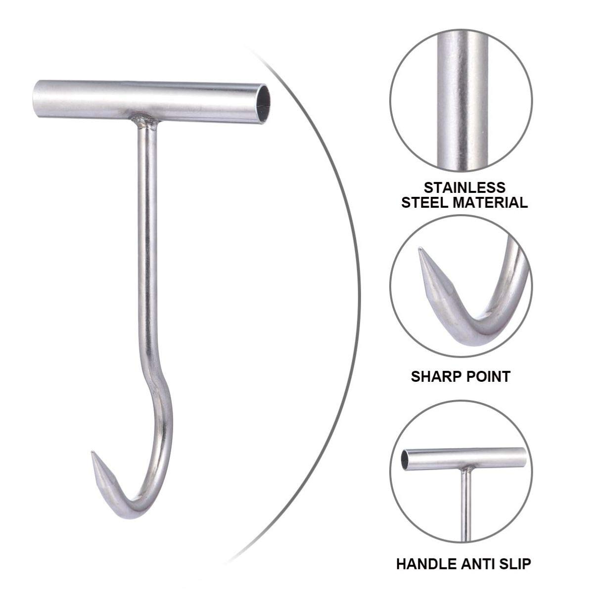 iplusmile Stainless Steel Meat Hook - à viande - de boucher - En acier inoxydable - en T - Avec poignée - réversible pour rôtir - Outil de barbecue - Argenté