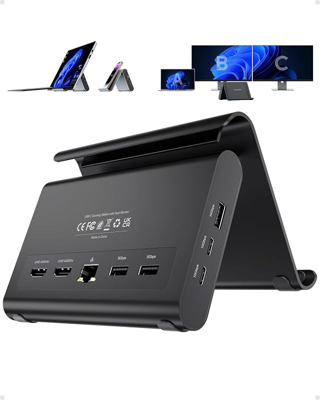 Laptop Docking Station Dual Monitor 4K@60Hz, 3*USB-C/A 10Gbps, Plug & Play | PULWTOP 10-in-1 USB C Hub with 2 HDMI, 6x USB A/USB C, Vertical Stand Dock for Surface Pro 11/10/9/8 & Windows Laptops, Black
