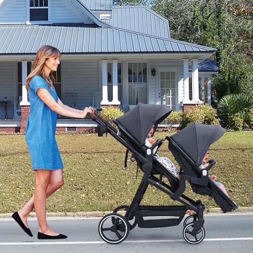 Poussette Double Légère Landau Pliable de Voyage, Poussette Tandem Compacte Avec Siéges Réversibles, Nacelle Bébé, Charge Max 30 kg, de la Naissance à 36 Mois – Image 6