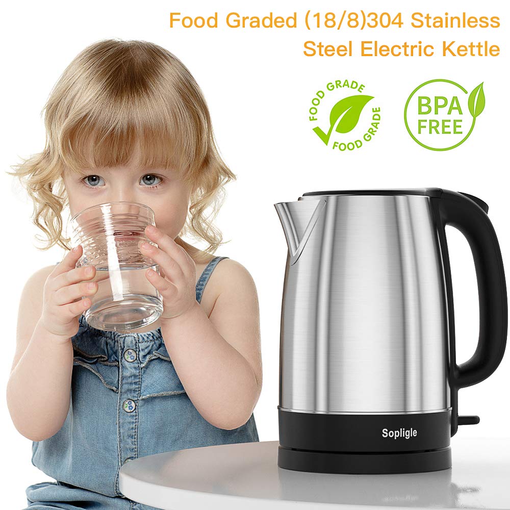 Electric Kettle,Sopligle Stainless Steel BPA-Free Hot Water Boiler, Potable Fast Water Kettle with Auto Shutoff, Boil-Dry Protection, Fast Boiling, 1.7L,1500W (Silver)