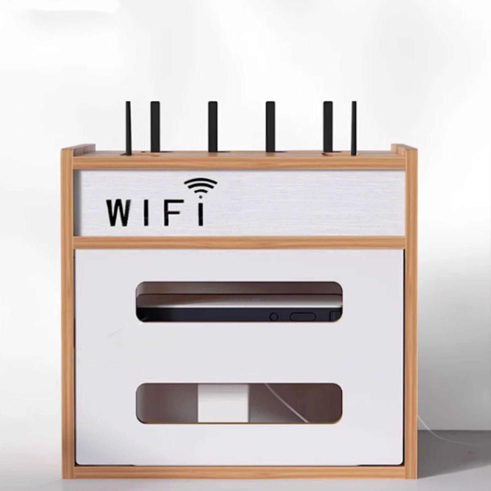 Boîte de rangement routeur modem et gestion des câbles électriques en bois