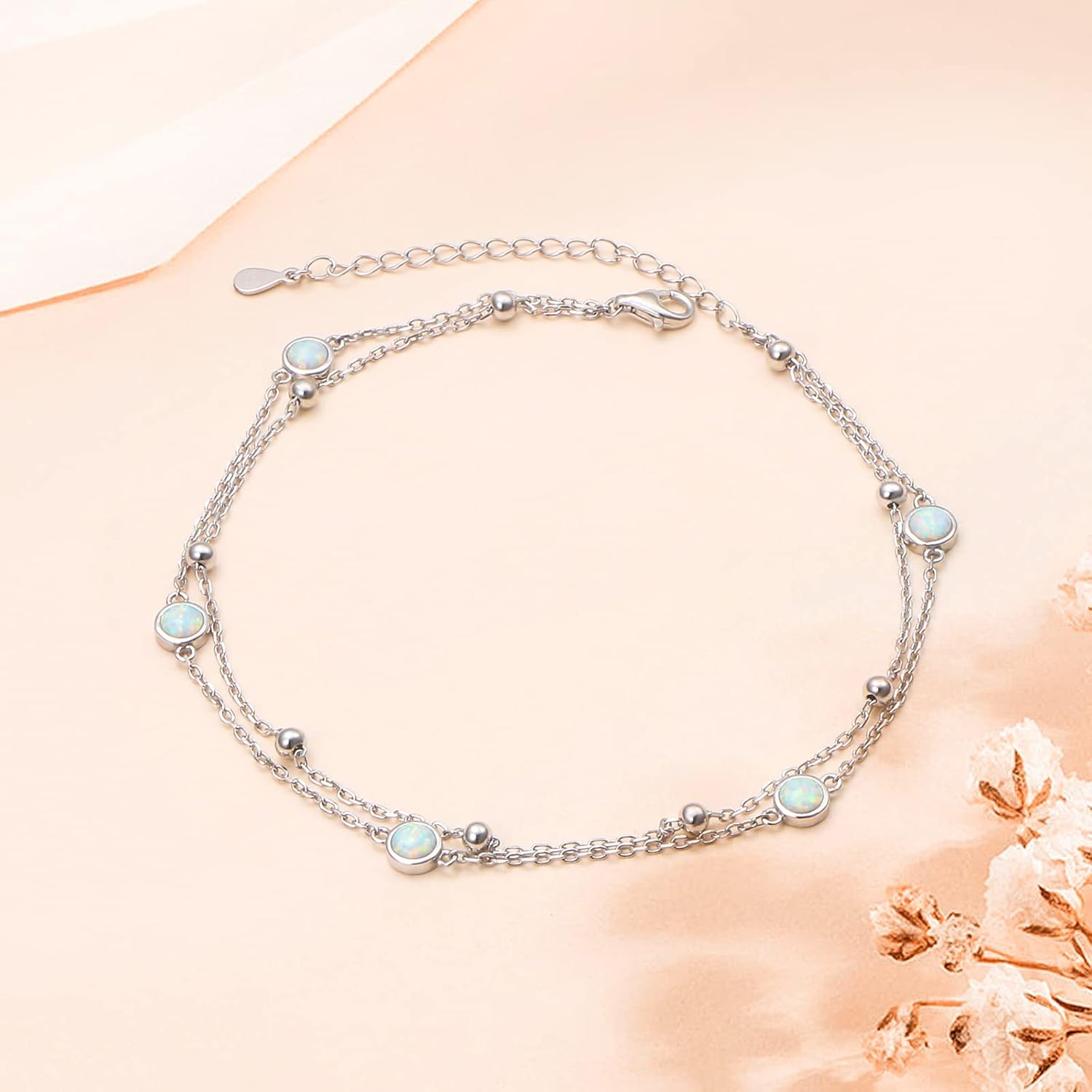 Flyow Anklet for Women S925 Sterling Silver Adjustable Foot Beaded Heart Charm Ankle Bracelet Anklets Jewelry - Image 3