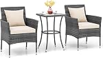 KOTEK 3 Pieces Patio Furniture Set, PE Rattan Outdoor Conversation Set with Tempered Glass Table & Soft Cushions, Wicker Bistro Set for Garden, Porch, Balcony (Grey)