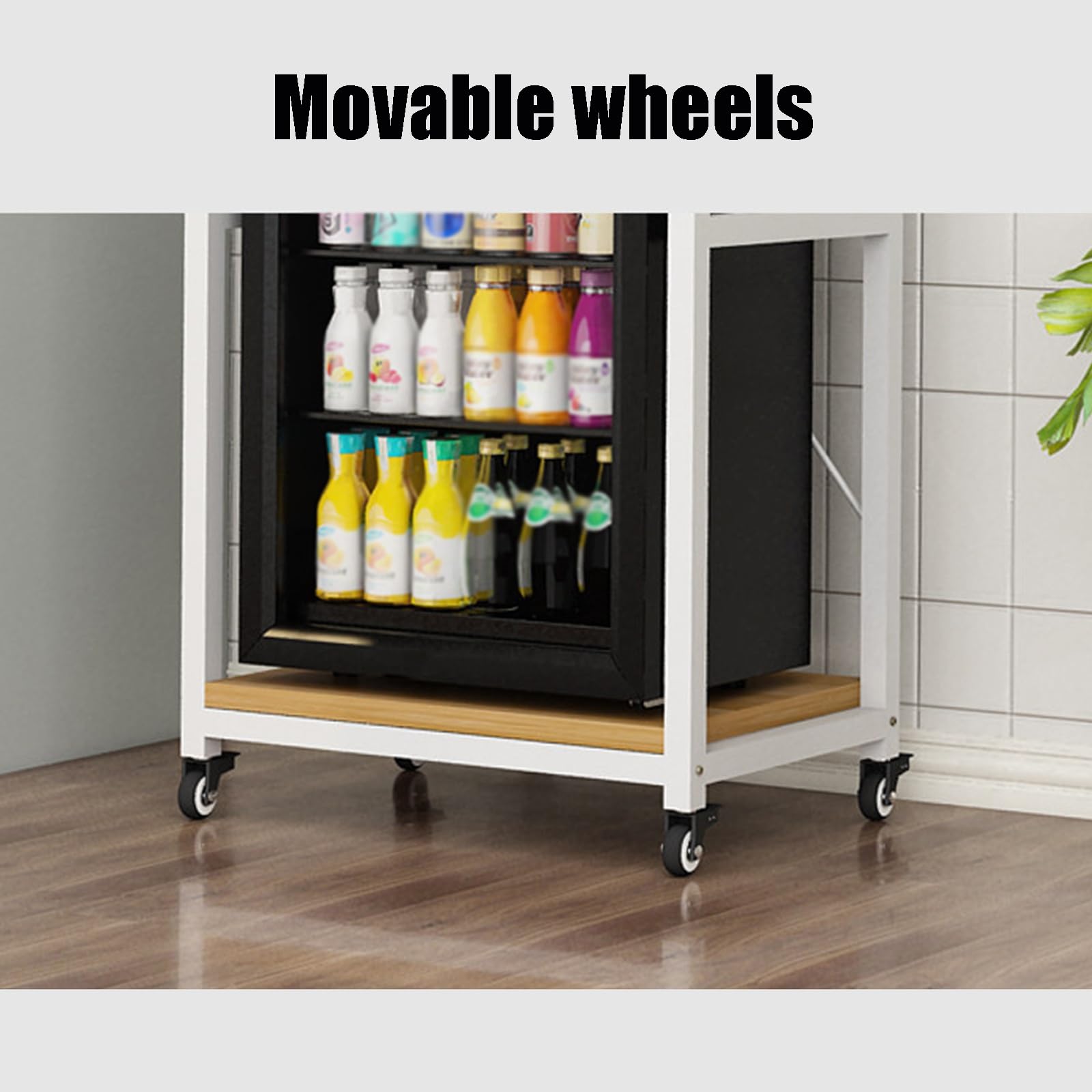 Carrello per microonde su ruote, organizer da cucina regolabile a 3 livelli con metallo e MDF, supporto salvaspazio per forno a microonde e mini frigorifero, scaffale per rollare