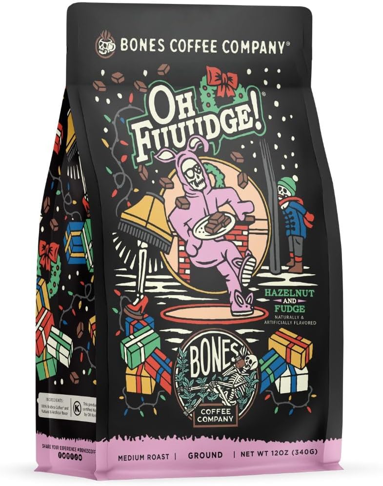 Bones Coffee Company Oh Fuudge! Flavored Coffee Beans, Medium Roast Ground Coffee Low Acid, Hazelnut & Fudge Flavor (12 oz)