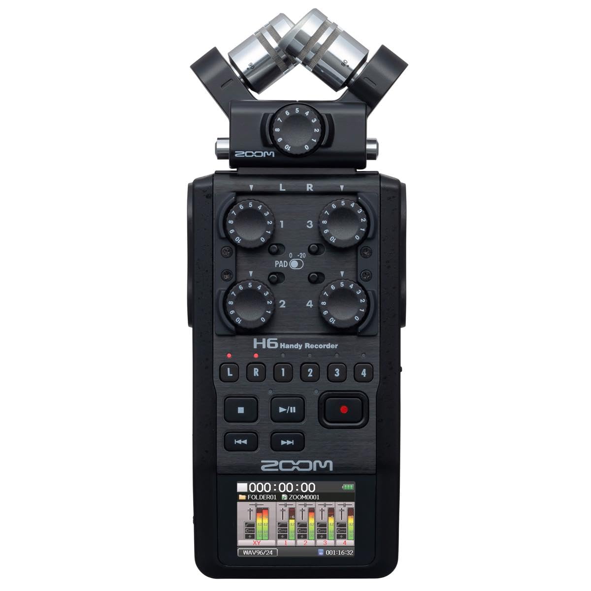 Zoom H6 All Black 6-Track Portable Recorder, Stereo Microphones, 4 XLR/TRS Inputs, Records to SD Card, USB Audio Interface, Battery Powered, Podcasting and Music