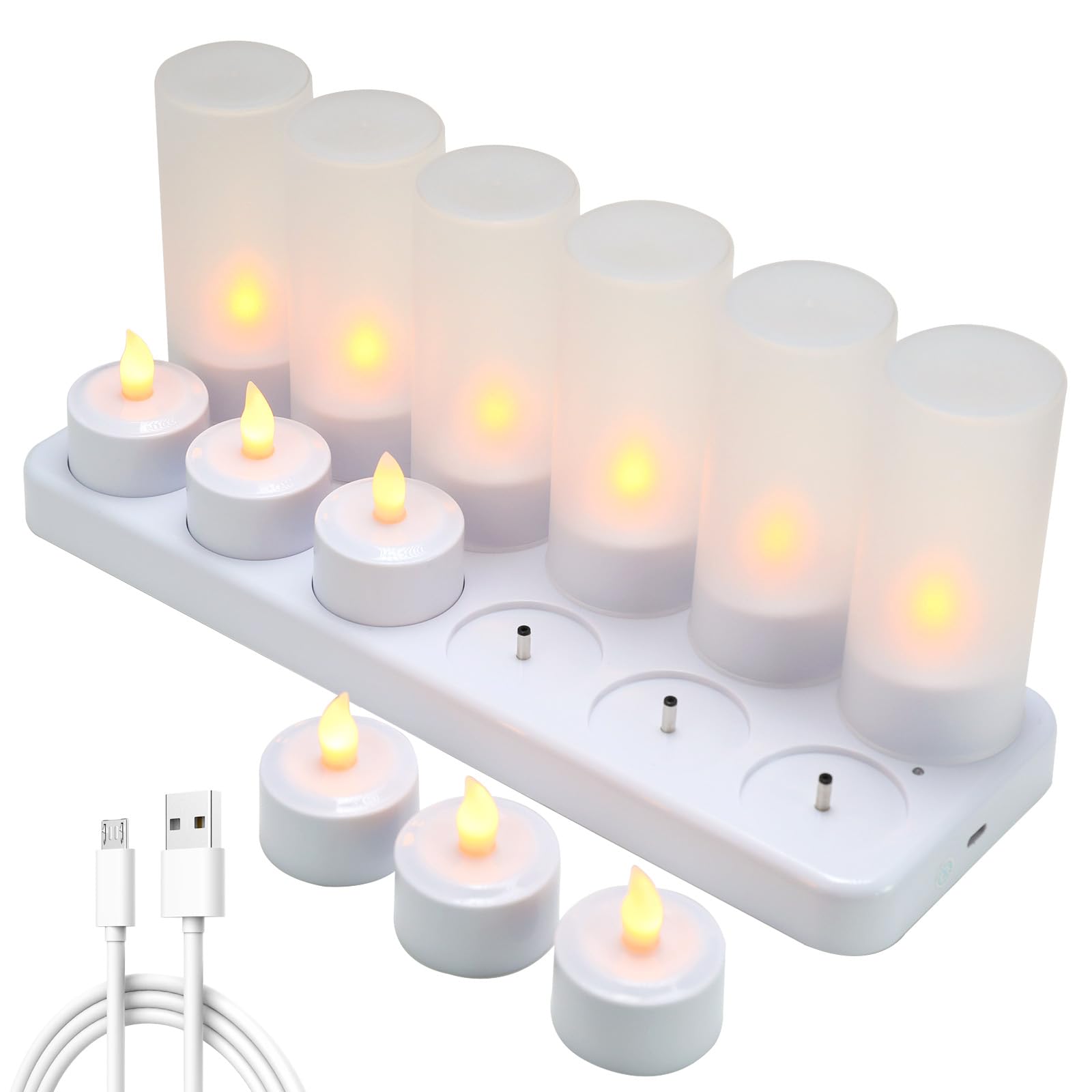 EXTSUD Rechargeable Flameless Candle, 12 Pcs Warm White LED Flickering Tea Lights and 12 Frosted Cups, Comes with Charging Base, No Battery Needed, CK-01/CK-02/CK-03