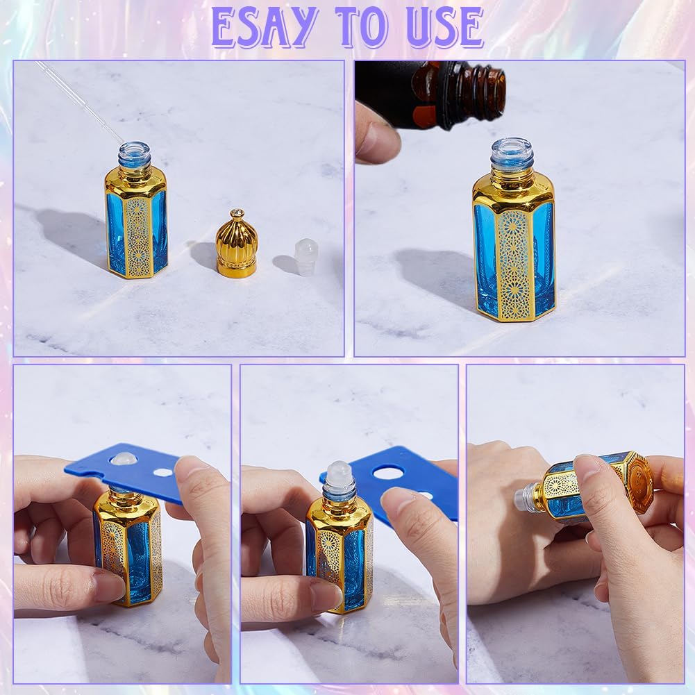 CREATCABIN 4Pcs 12ml Roller Balls for Essential Oils Arabic Perfume Bottles 4 Colors Arabian Fragrance Refillable Gold Empty Glass Roll On Bottle with Caps for Aromatherapy Lip Gloss Travel 0.41fl. oz