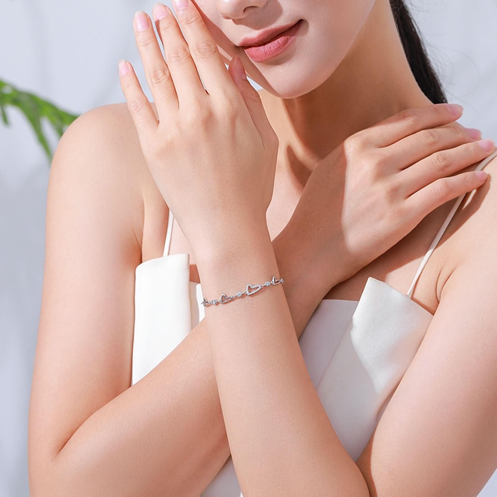 Pulsera Mujer de Oro Blanco de 9Kilates / 14Kilates / 18Kilates, Corazón Hueco con Diamante, Cadena Extensible 16 CM + 5 CM, Pulseras Cadena Plata Ajustable Mujer