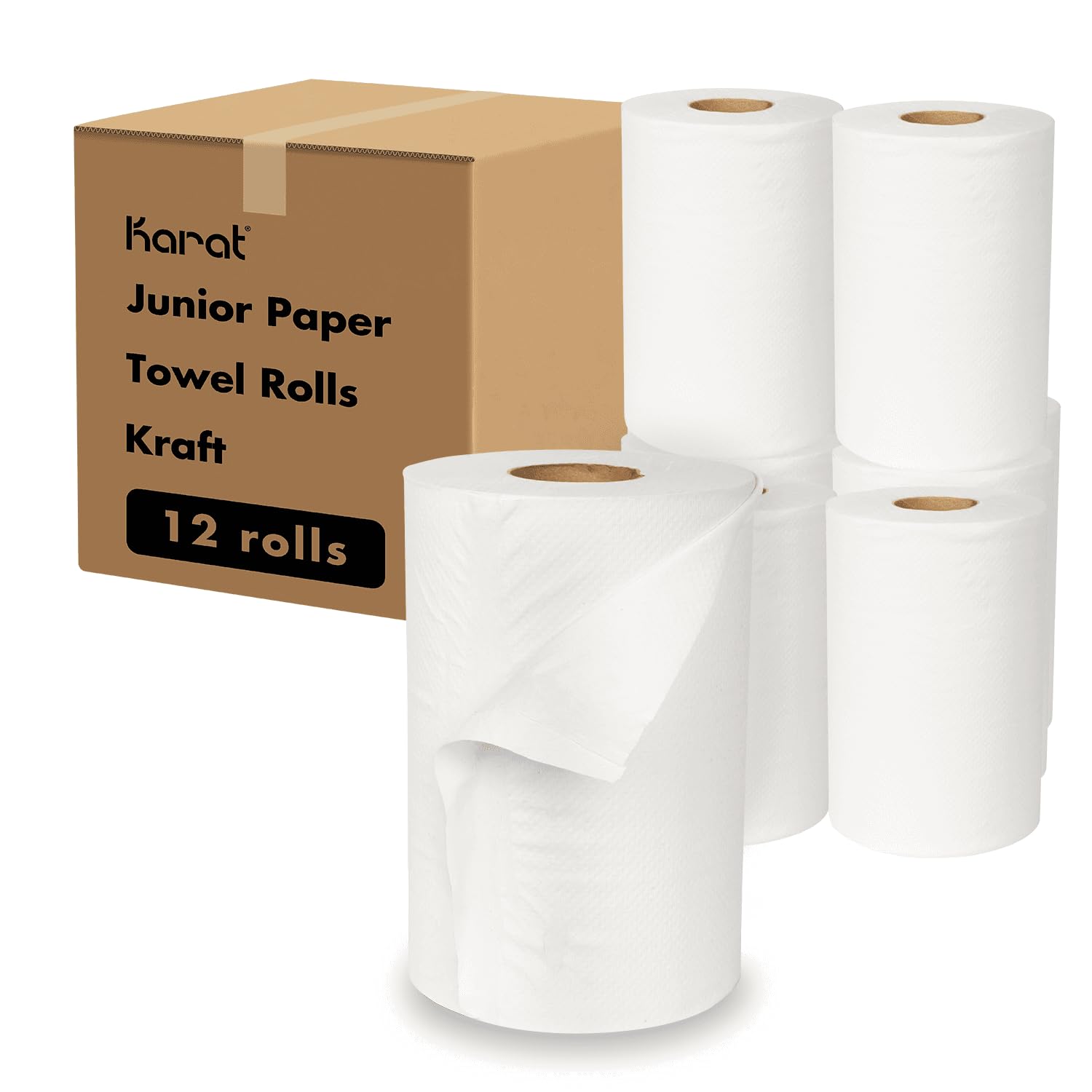 Lollicup JS-RTW350 Karat Junior - Rollo de toalla de papel (12 rollos/350 m por rollo), color blanco