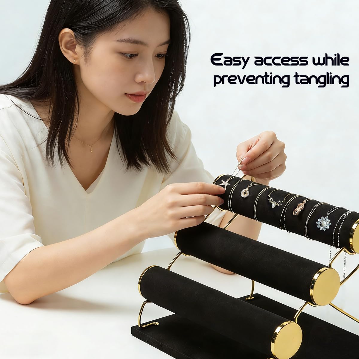 3 Tier Bracelet Stand Bangle Watch Display Holder Stylish Jewelry Towers with Detachable Trestle Rods Necklace Storage Rack Beige (Black)