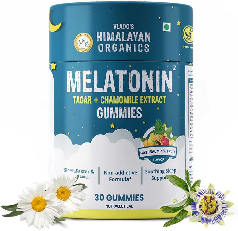 Vlado’s Himalayan Organics Melatonin 5MG Gummies with Tagar & Chamomile Extract I L-Threnine & Vitamin B6 | Relaxed & Restful Sleep | Non Habit Forming Formula | Improves Sleep Quality, Natural Sleep, Soothing Sleep Anxiety And Stress Relief Support I Eases Jet Lag I Helps Calm Your Mind and Body I Wake Up Fresh & Energetic I Relax Mind & Nerve Relaxation I - Sleep Gummy - (30 Gummies)
