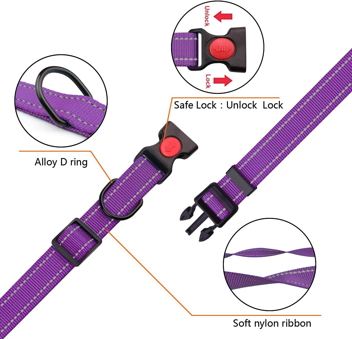 Reflective Dog Collar and Leash Set with Safety Locking Buckle Nylon Pet Collars Adjustable for Small Medium Large Dogs 4 Sizes(Purple&S) S Purple image 2 of 5 B093FKVSJ9