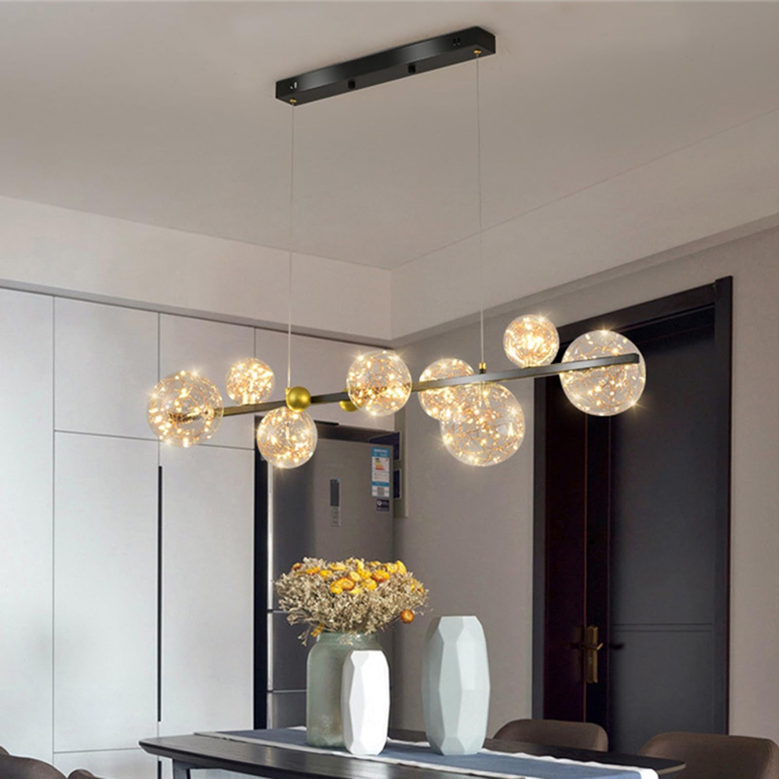 Suspension LED Linéaire Moderne avec Globes en Verre Soufflé à La Main Lampe Suspendue Dimmable éclairage îlot de cuisine luminaire moderne design pour Salle à Manger Cuisine(Black,Straight rod)