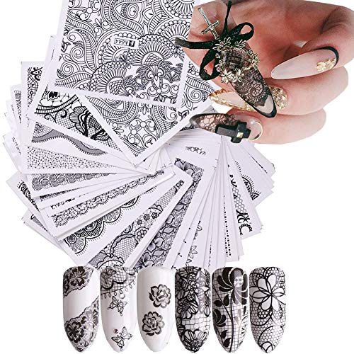 40 Sheets Lace Flower Nail Art Stickers Water Transfer Nail Decals DIY Black Lace Flowers Butterfly Designs for Nails Supply Watermark Holographic Nail Stickers for Women Girl Manicure Tips Nail Decor