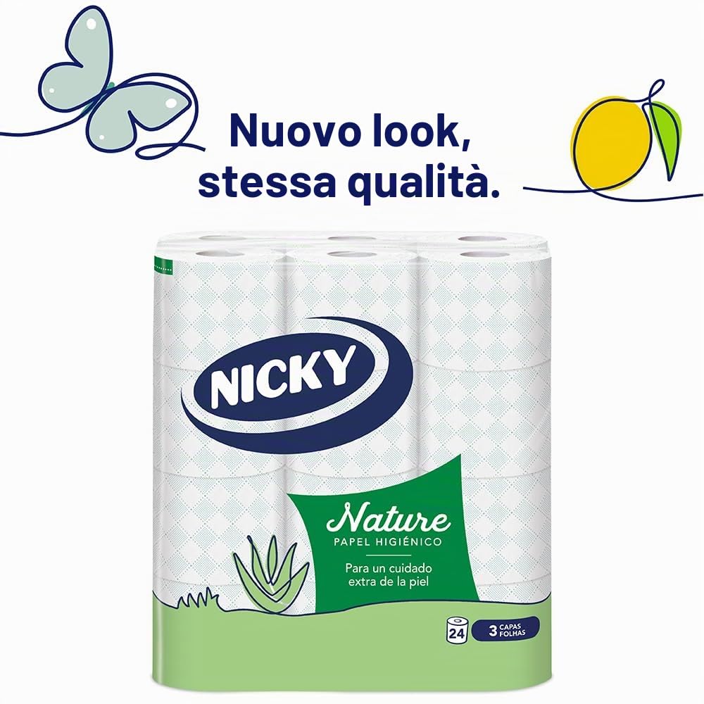 Nicky Nature Carta Igienica - Confezione da 24 rotoli, 170 fogli a 3 strati, arricchito con lozione all'aloe vera, comodo e delicato sulla pelle