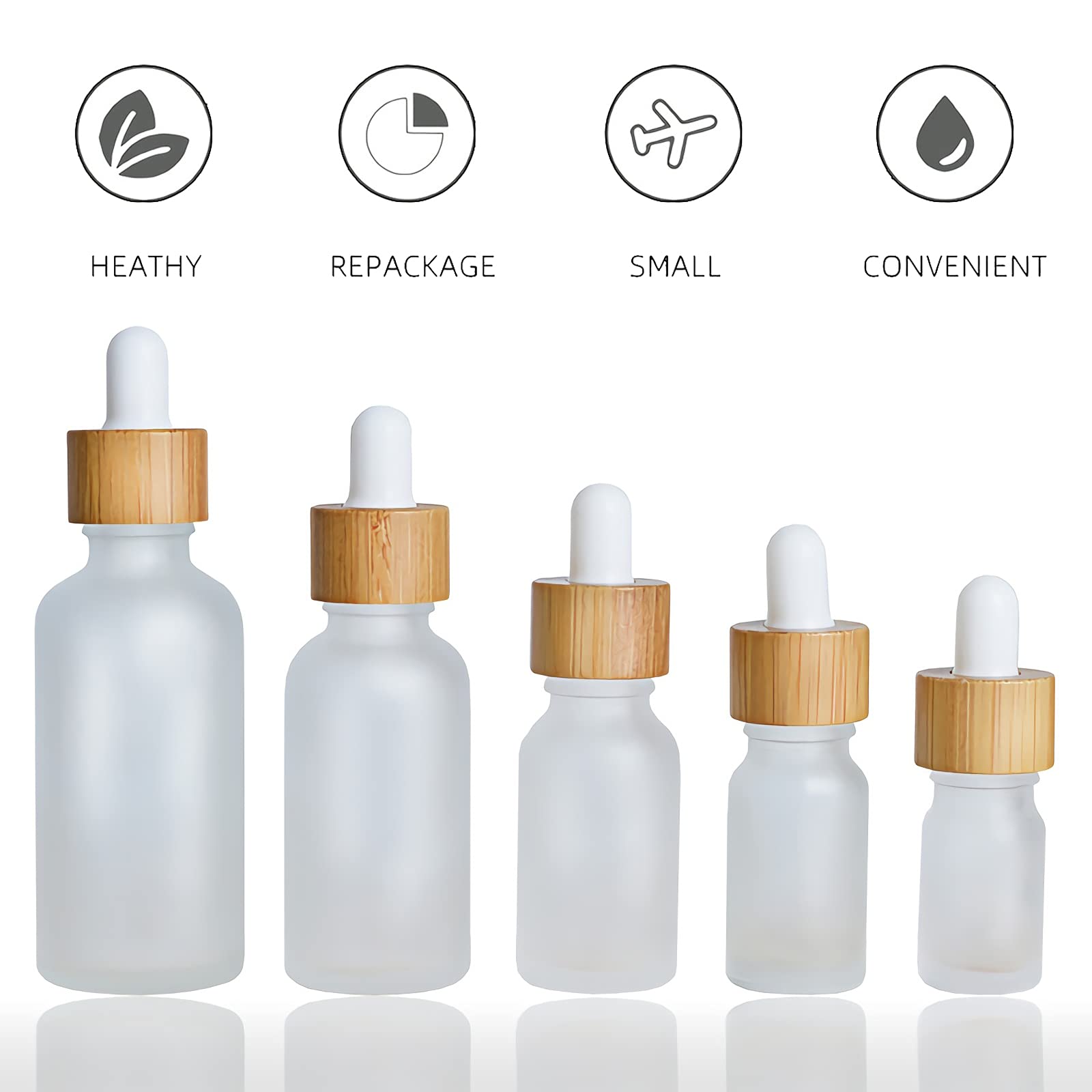 Sprühflasche aus Kunststoff, 12er-Pack, 20 ml, leer, mattiert, transparent, Glastropfer mit Glaspipetten, Bambus-Schraubverschluss für ätherische Öle, Aromatherapie-Misc