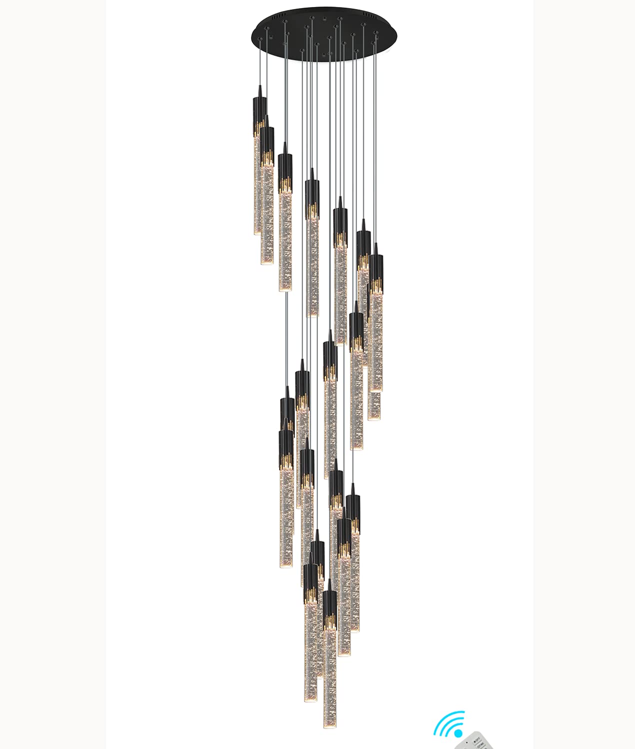 Flashing God 11 feet - 2 feet Adjustable Hanging Wire 20-Lights Modern Black Foyer Entrway Crystal Chandeliers High Staircase Crystal Column Pentdant Chandeliers Large Black Fixtures 3-6000K Dimming