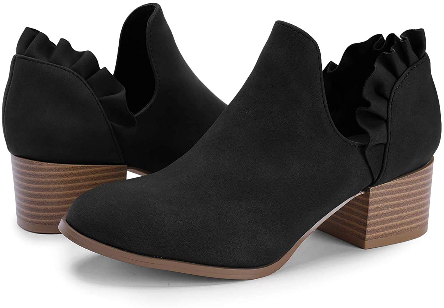 Fashare Womens Fall Cutout Booties Ankle Heels Low Stacked Ruffle Slip On Dress Short Boots Shoes