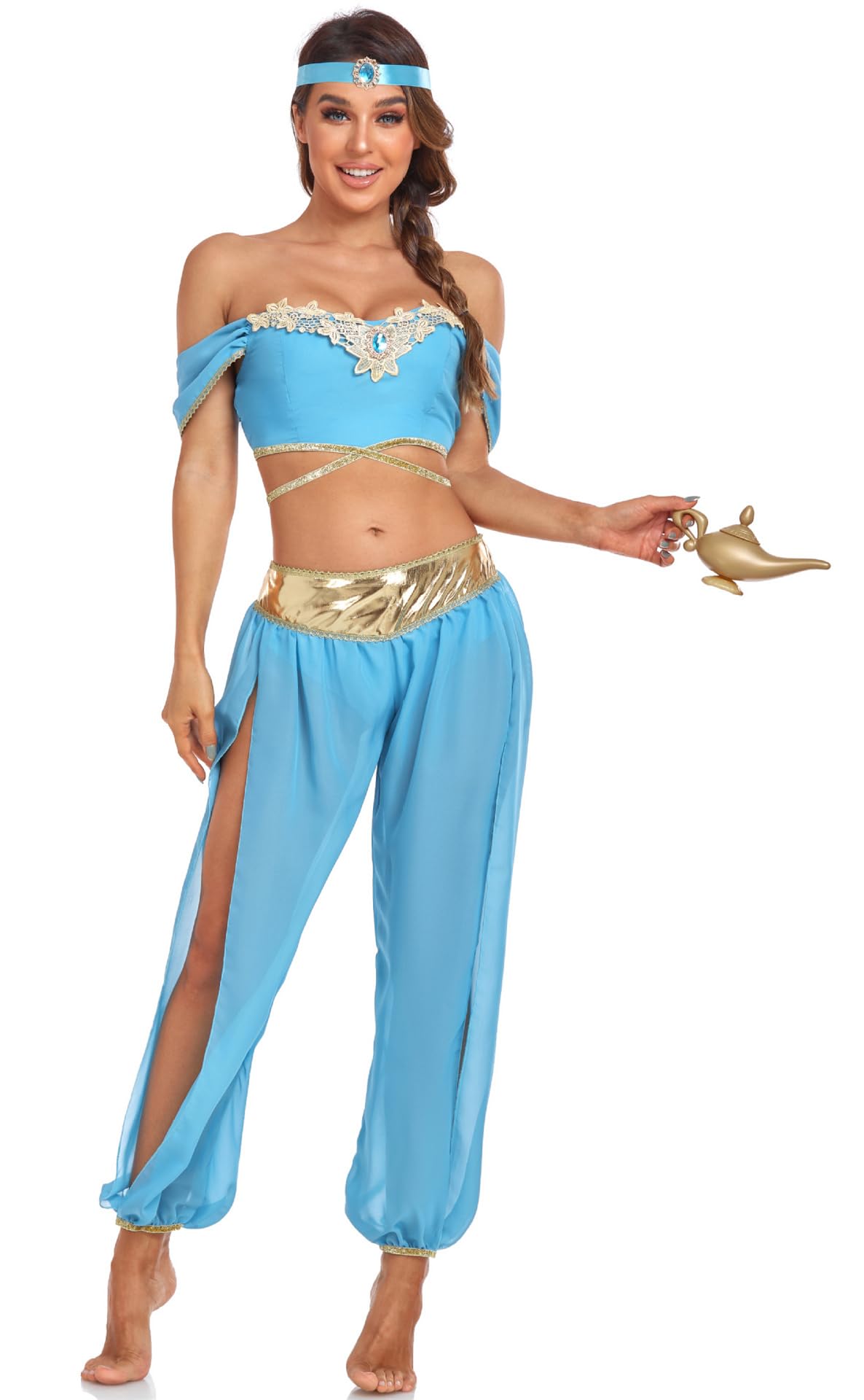 Foanja Jasmine Disfraz con Diadema Mujer Árabe Princesa Jasmine Sexy Danza Top y Pantalone Dress Up Halloween Carnaval Cumpleaños Fiesta Costume