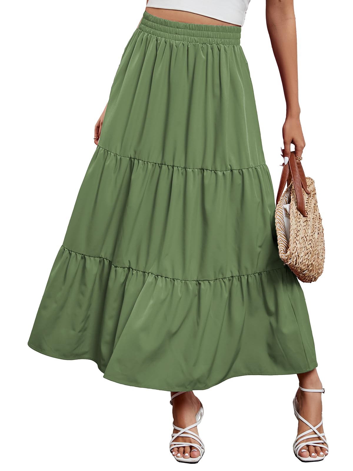 Arolina Maxi Skirt for Women Summer Boho Elastic High Waist Pleated A-Line Flowy Ruffle Swing Tiered Long Beach Skirt Dress