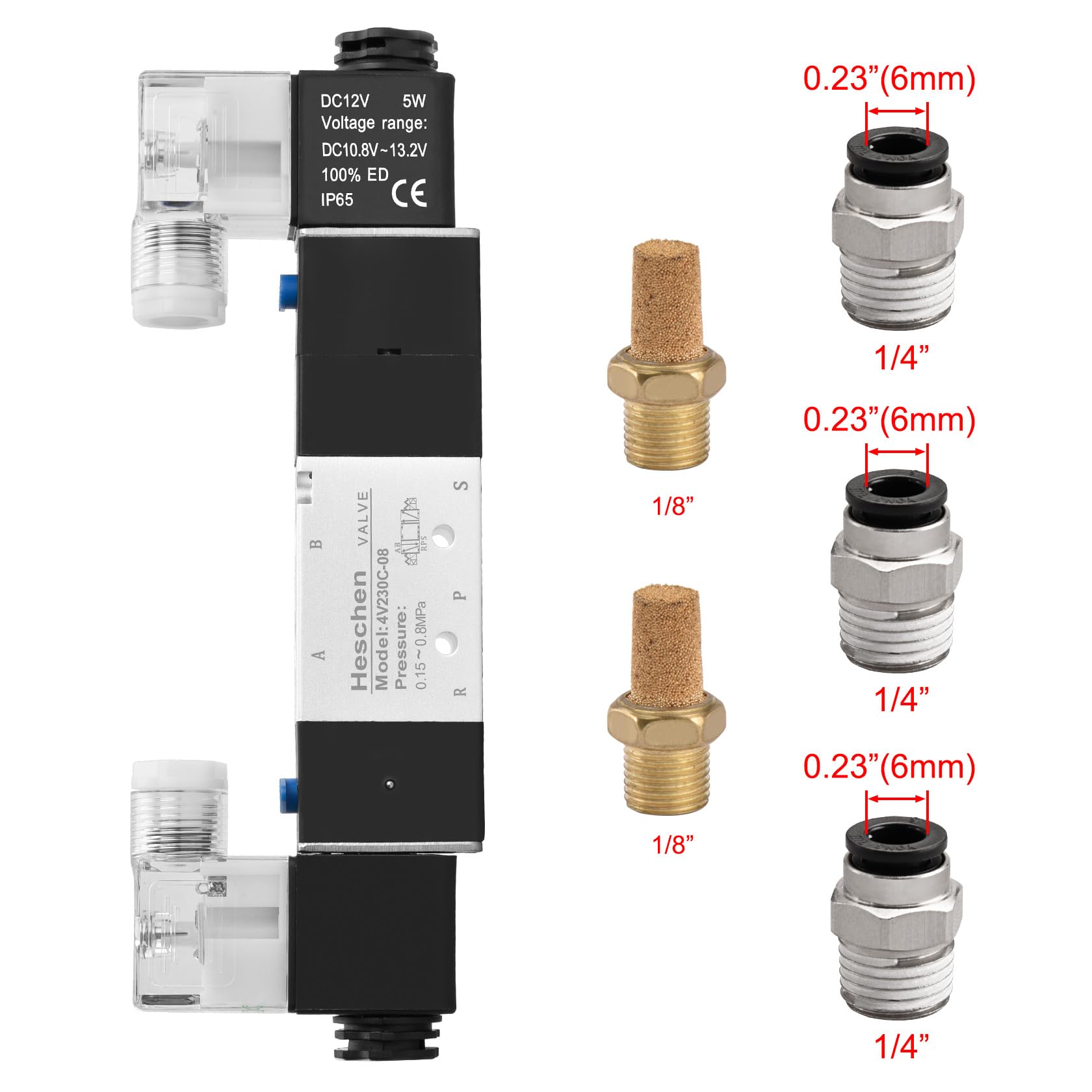 Heschen Válvula solenoide neumática eléctrica, 4V230C-08, 12 V CC, PT1/4 pulgadas, 5 vías, 3 posiciones, CE
