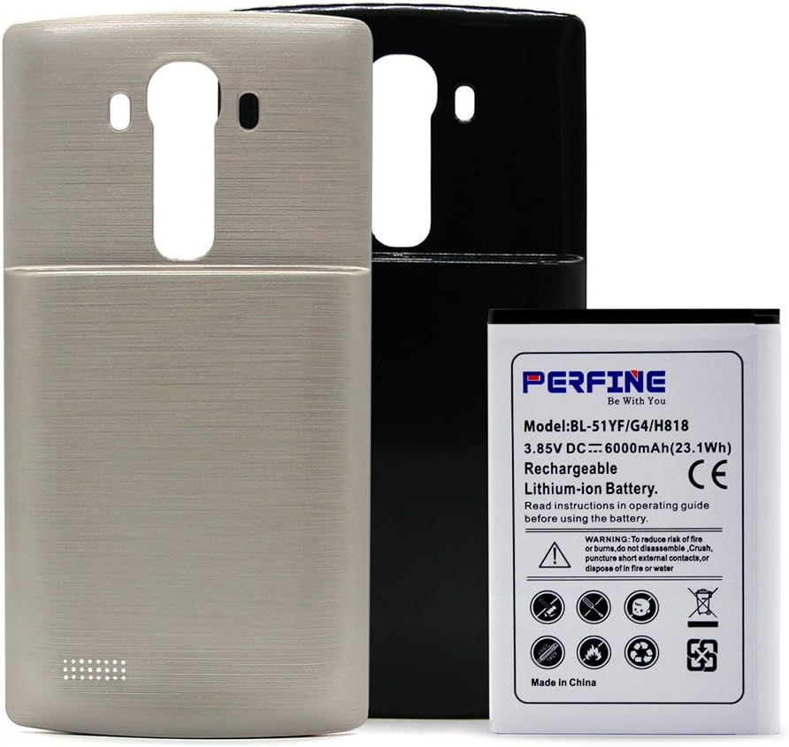 Perfine Extended Battery Replacement 6000mAh for LG G4 BL-51YF H818 With 2 Battery Covers Black-Gold