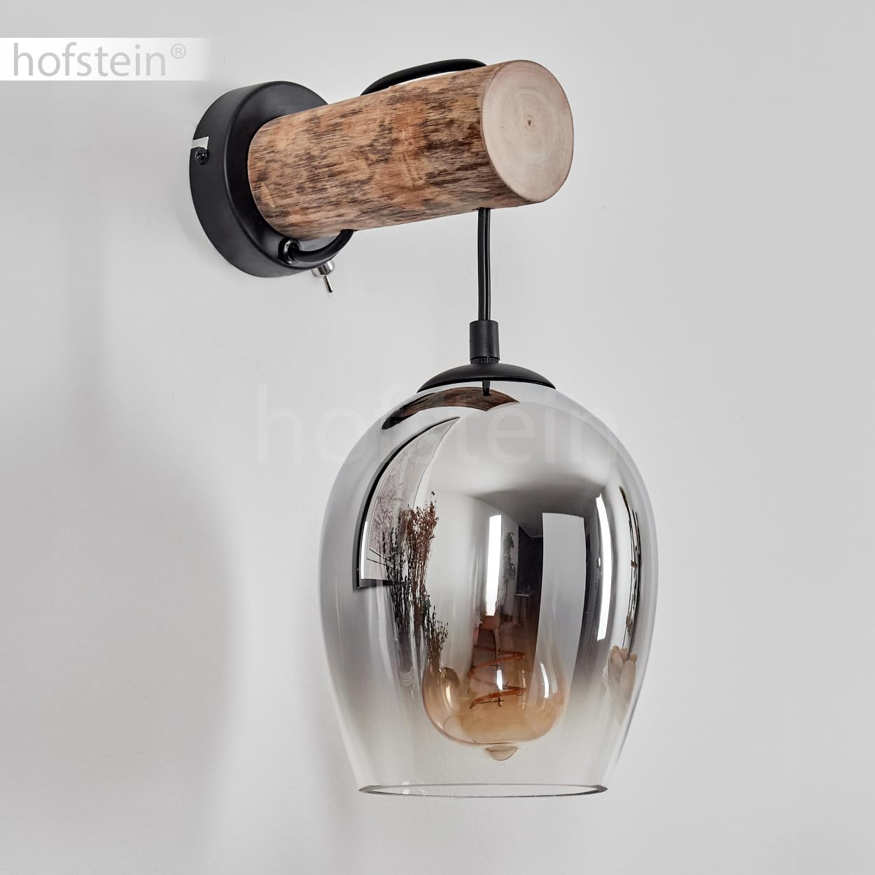 Wandleuchte Vevino, Wandlampe aus Metall/Holz/Glas in Schwarz/Natur/Chrom/Rauch/Klar, Leuchte im Retro/Vintage-Design, Schirm aus Glas (Ø 15cm) u. An/-Auschalter am Gehäuse, 1x E27, ohne Leuchtmittel