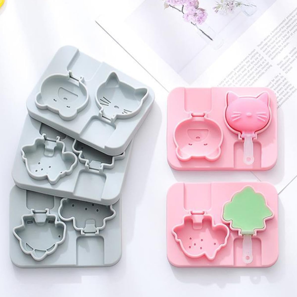 Animal Shape Silicone Ice Cream Mold Set DIY Pudding and Lollipop Molds 2pcs Blue and Pink Cartoon Bear for Homemade Ice Pops and Candy Making