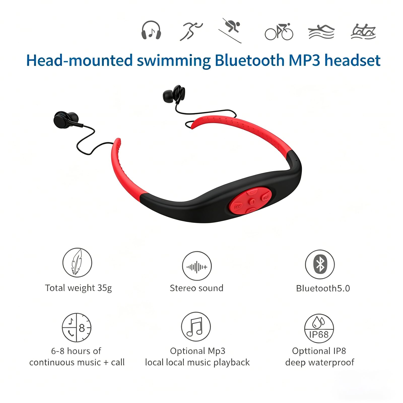 Longben Écouteurs intra-auriculaires pour la natation, le sport, Bluetooth, étanches, radio FM, lecteur MP3, ultra léger, rouge