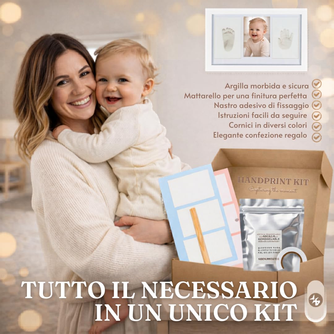 kit Impronte mani e piedi Neonato, Impronta Bambino, Cornice Impronte Digitali, Regalo Neonato, Battesimo, Bambino, Nascita. Argilla Antigrietta e Vetro Acrilico, Impronta Cane.