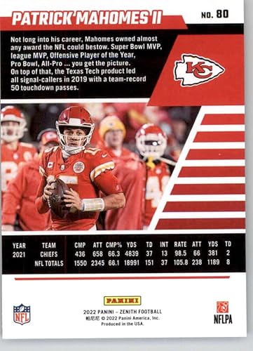 Miniatura 2 de Football Trading Card NFL 2022 Panini Zenith Retail #80 Patrick Mahomes II NM Near Mint Chiefs