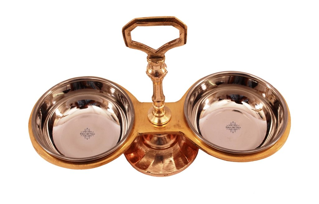 Indian Art Villa Handmade Steel Copper 2 Bowl Compartment Condiment Pickle Set ...