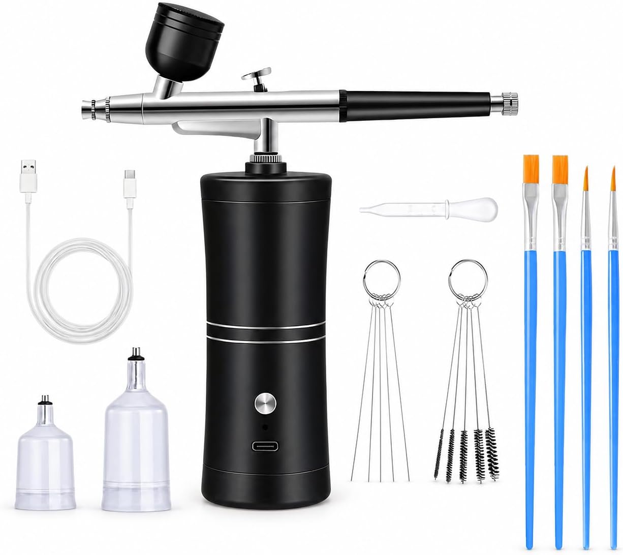 VOBOR Kit de Aerógrafo con Compresor de Aire, Inalámbrico Portátil Recargable de Mano, para Arte Uñas, Maquillaje, Decoración Pasteles, Modelismo, Tatuaje (Negro)