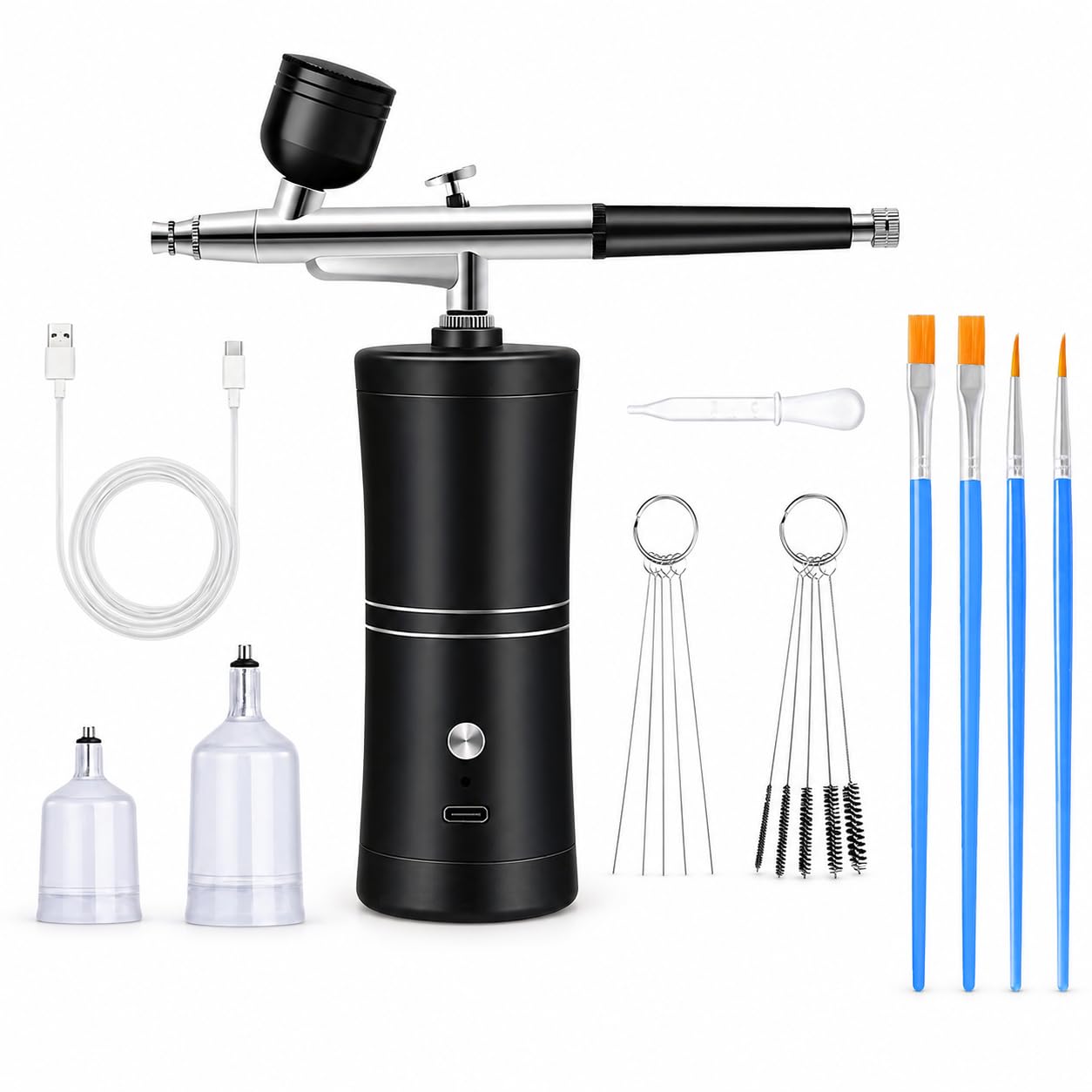 VOBOR Kit de Aerógrafo con Compresor de Aire, Inalámbrico Portátil Recargable de Mano, para Arte Uñas, Maquillaje, Decoración Pasteles, Modelismo, Tatuaje (Negro)