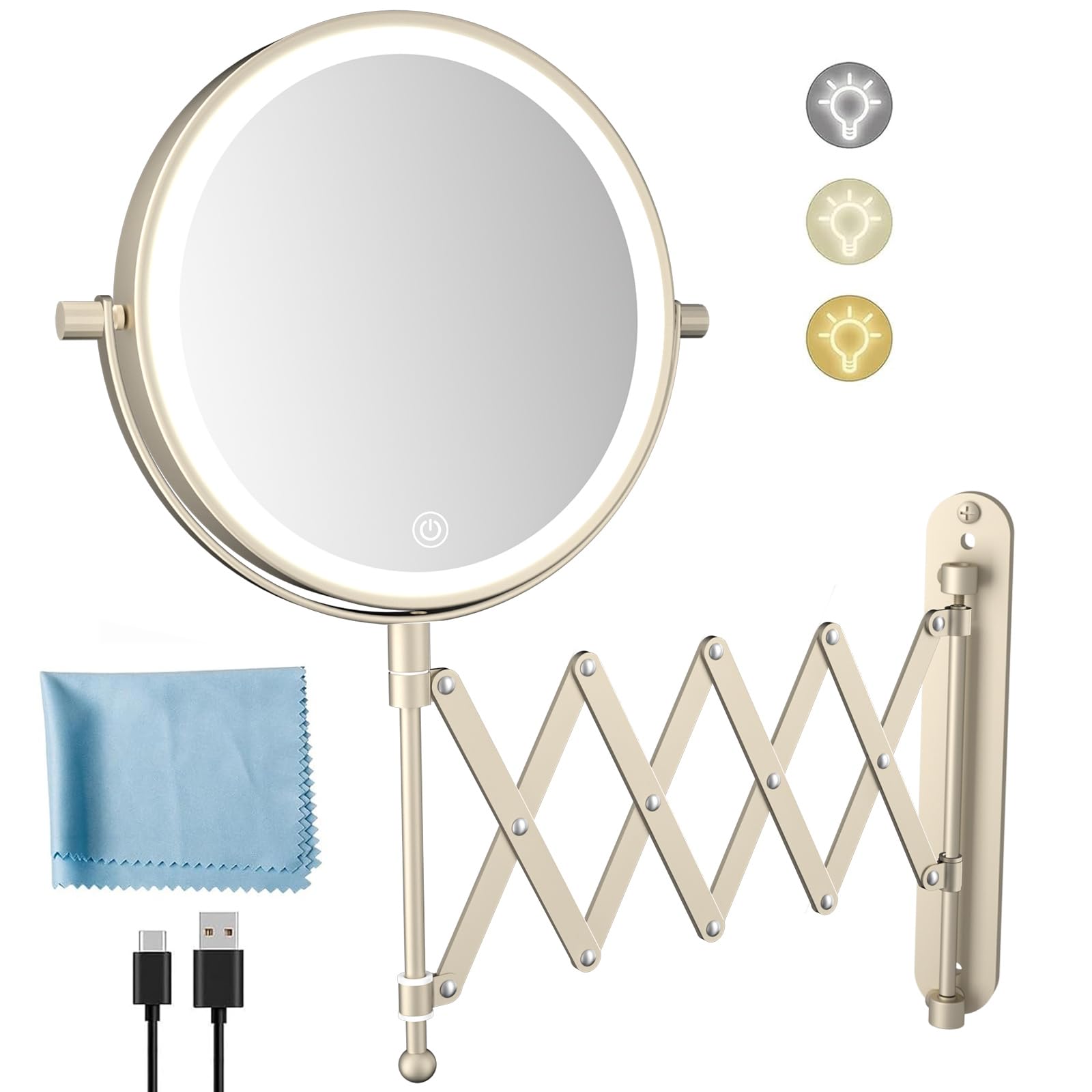 FASCINATE Oplaadbare make-upspiegel met 1X/10x vergroting, 3 dimbare lichtkleuren, touchscreen, 360 graden draaibaar, voor wandmontage, scheerspiegel, make-upspiegel voor badkamer (zilver