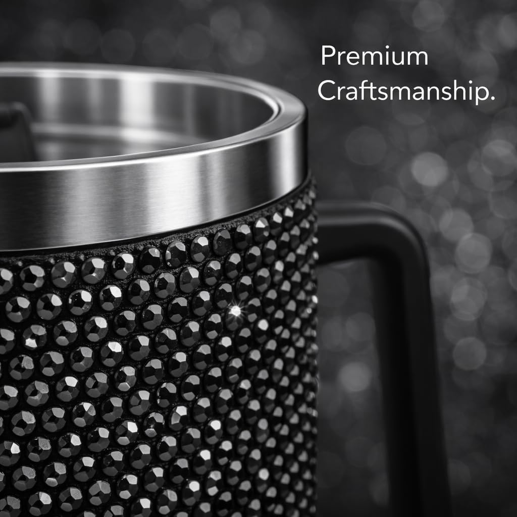 THIRSTEE 40 oz Rhinestone Tumbler – Black Sparkle Water Cup with Lid & Straw – Double Wall Insulated Stainless Steel Travel Mug with Handle, Leak-Proof for Hot & Cold Drinks
