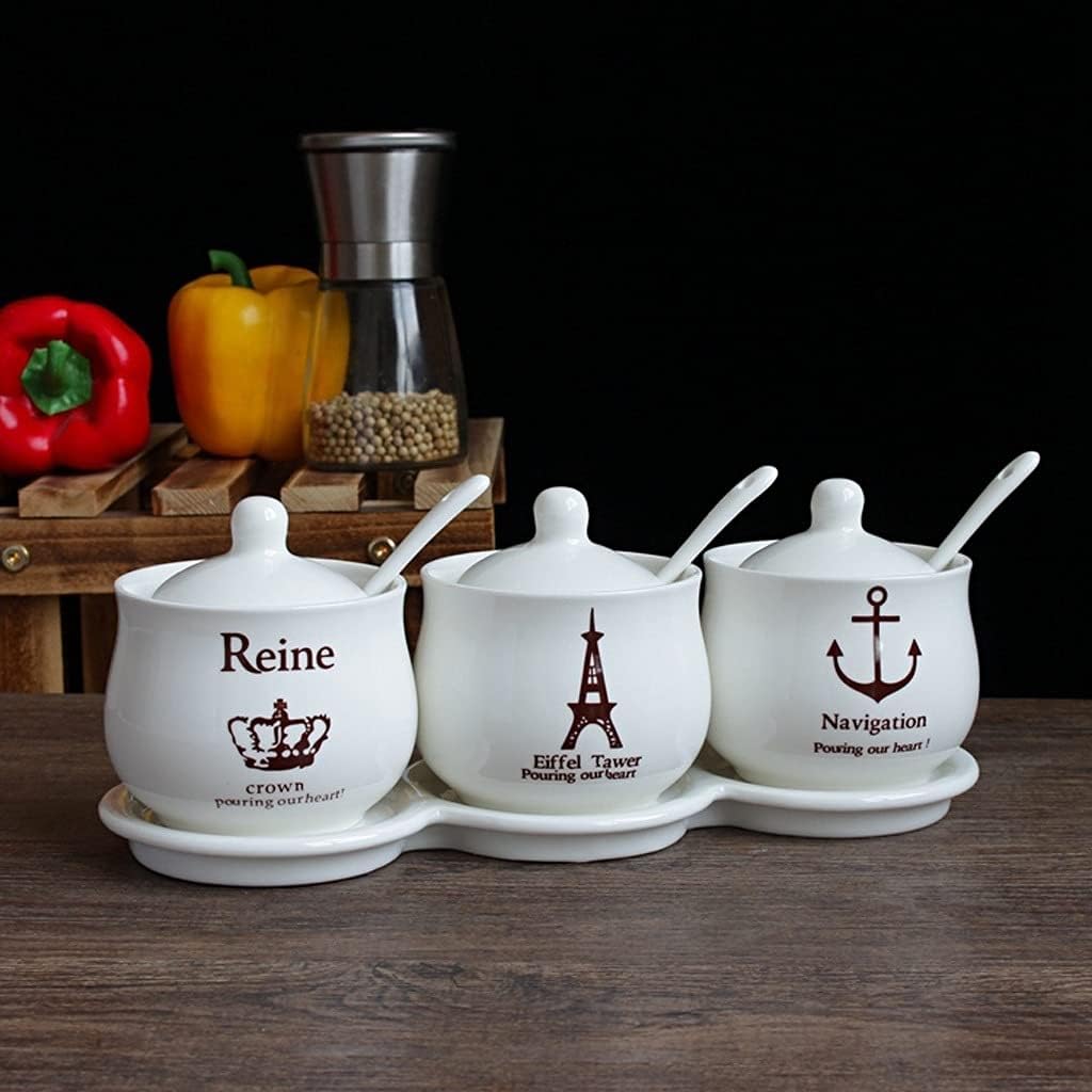 Seasoning Bottle Set Set of 3 White Ceramic Sugar Bowls Condiment Pots Spice Jars Seasoning Box Set with Lid Spoon and Tray Used in Kitchen Restaurant Salt Sugar Spice Spice Bottle Set(F)