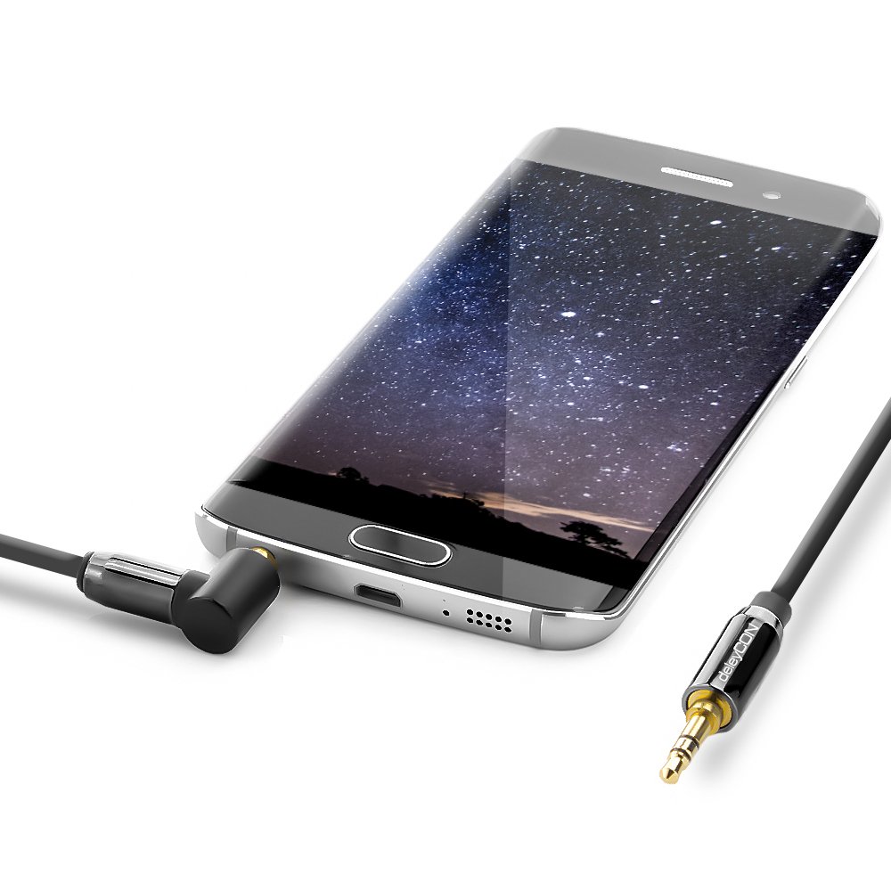 deleyCON 2m Kabel Jack 3,5 mm AUX Kabel Audio Stereo Wtyk Jack 1x Pod Kątem 90° do PC Laptopa Telefonu Smartfona Tabletu Samochodu Amplitunera HiFi - Czarny