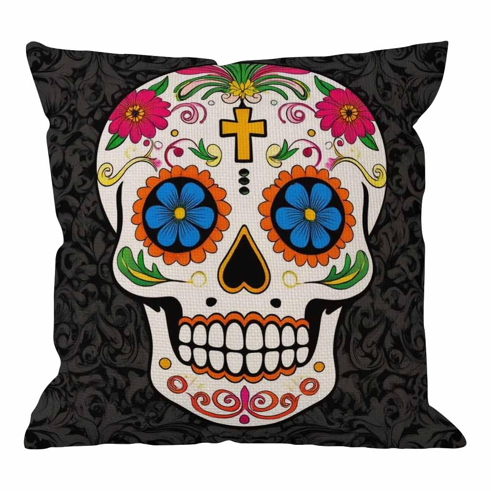 HGOD DESIGNS Skull Pillow Case Decor Colorful Sugar Skull Cotton Linen Square Cushion Cover Standard Pillowcase Men Women Home Decorative Sofa Armchair Bedroom Livingroom 18 x 18 inch