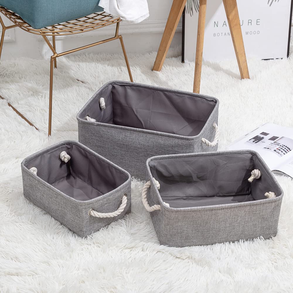 Aniyan 3er Set Aufbewahrungsbox 41x32x20cm mit Griff, Kleideraufbewahrung Leinenkörbe faltbar, Stoff Aufbewahrungskorb Grau