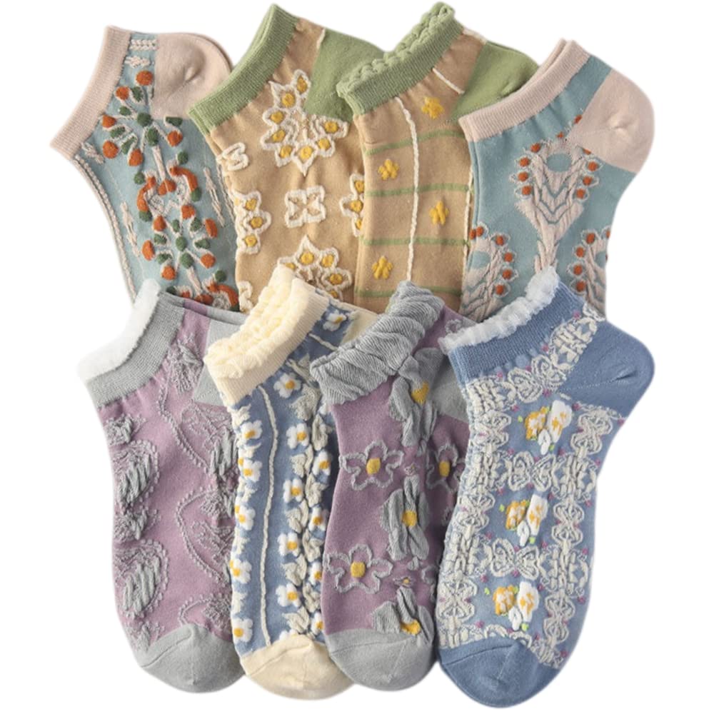 ELLEES 5/6/7/8/10 Pairs Cute Women Socks Gifts Floral Ankle Hiking Socks Thin Soft Cotton Socks Cozy Crew Socks (8 Pairs[Vintage Floral])