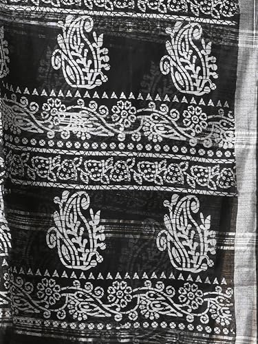 Image of WoodenTant Women's Linen Slab Cotton Blend Block Print Saree with Blouse Piece | Traditional Soft Saree (6.5m Length, 1.2m Width)