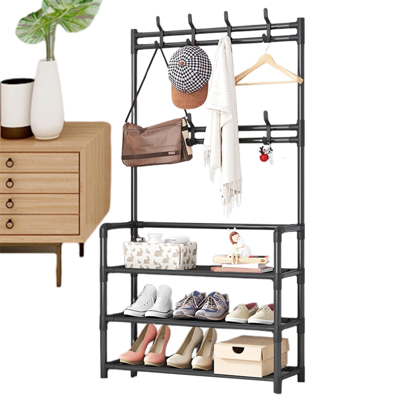 FGXHHS Multi-Purpose Clothes & Shoes Rack - Metal Entryway Coat Stand with Hooks, Floor-Standing Garment, Versatile Hallway Storage Unit for Jackets Home Essentials