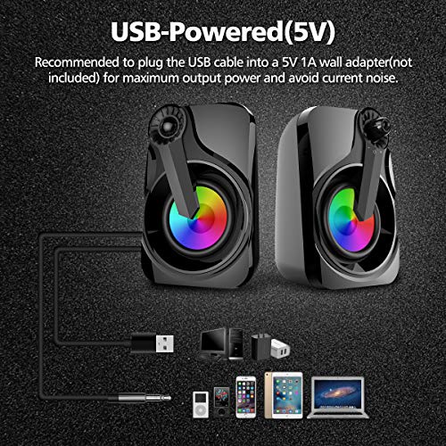 Computer Speakers, Maboo Soundbar USB Powered with LED Light for Computer Desktop Laptop PC, Smartphone, TV Black (Colorful Speakers)