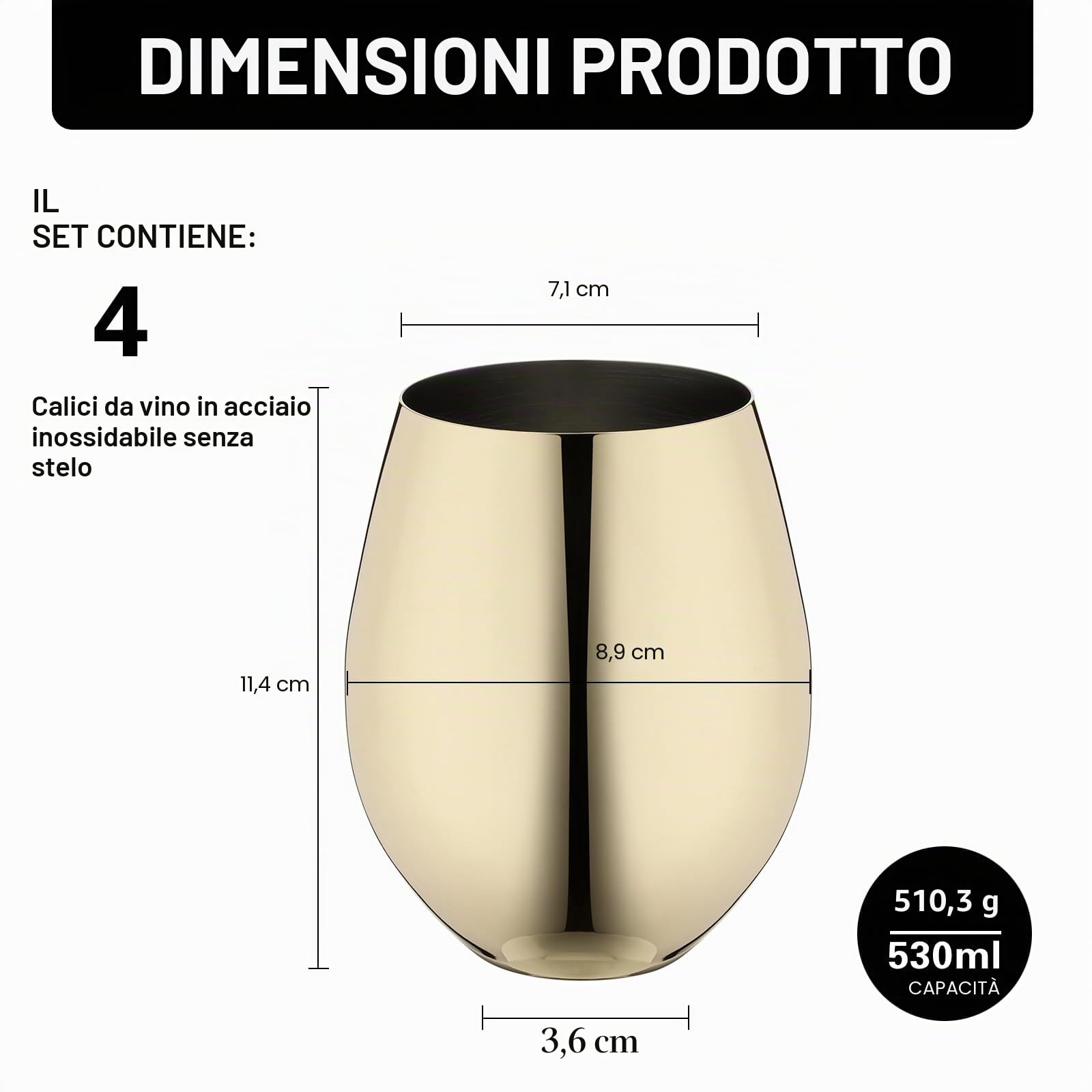 Kordisen WOTOR Set di 4 calici da vino dorati, da 532 ml, infrangibili, in acciaio inox, senza stelo, per esterni, viaggi, campeggio, piscina, accessori da vino ideali come regalo