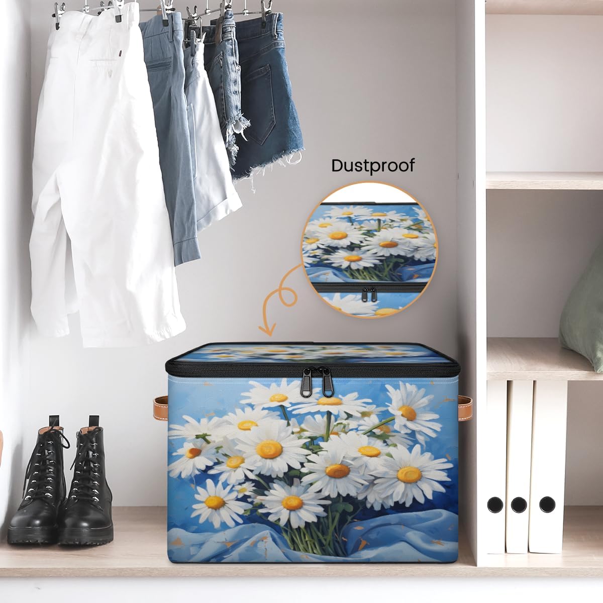 Storage Bin Set of 2 Oil Painting Daisy Storage Basket with Zipper Lid & Handle Foldable Closet Shelf 2 Pack Cloth Organizer Basket Cube Bins Clothes Organizer for Nursery, Bedroom